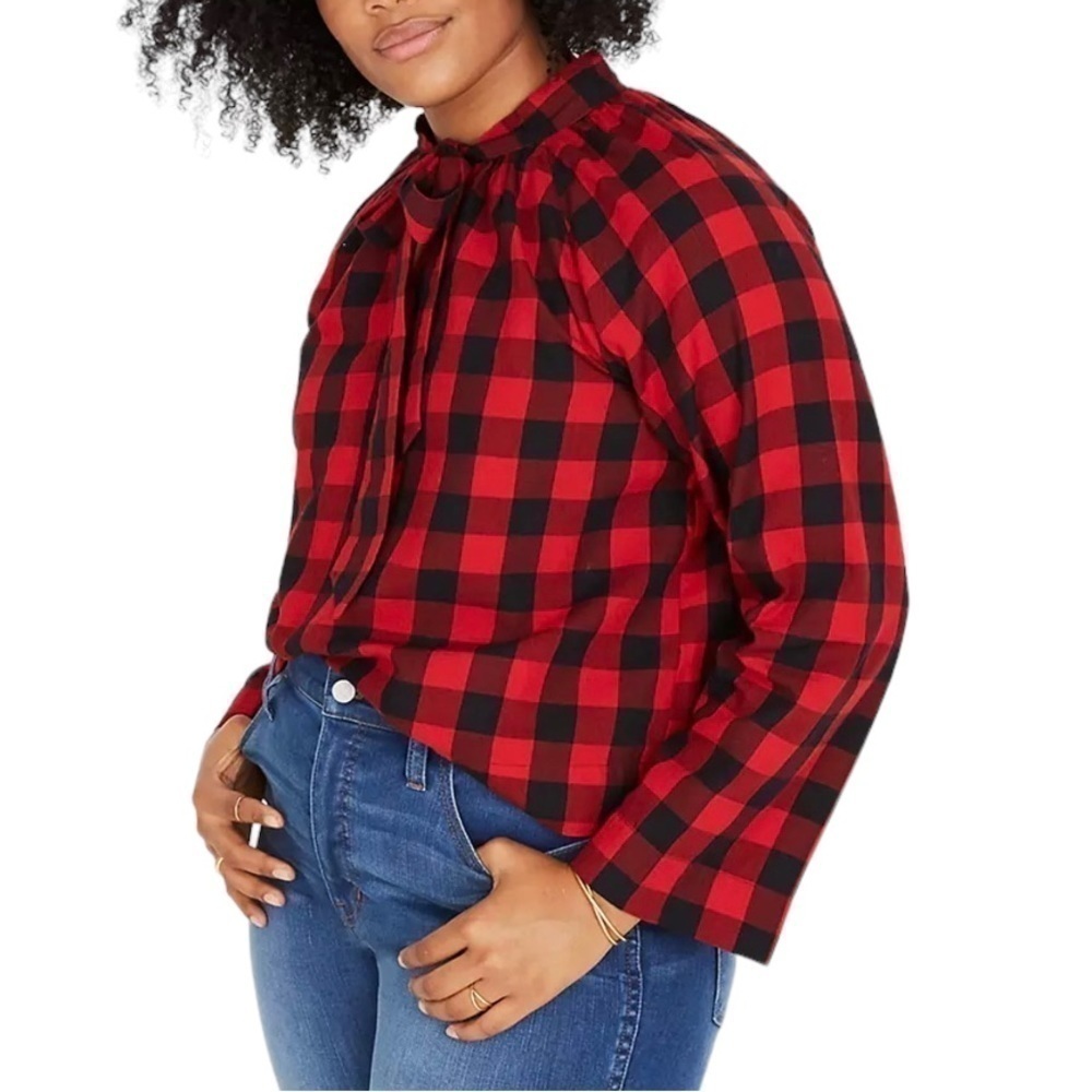 Madewell Tie-Neck Popover Shirt in Buffalo Check